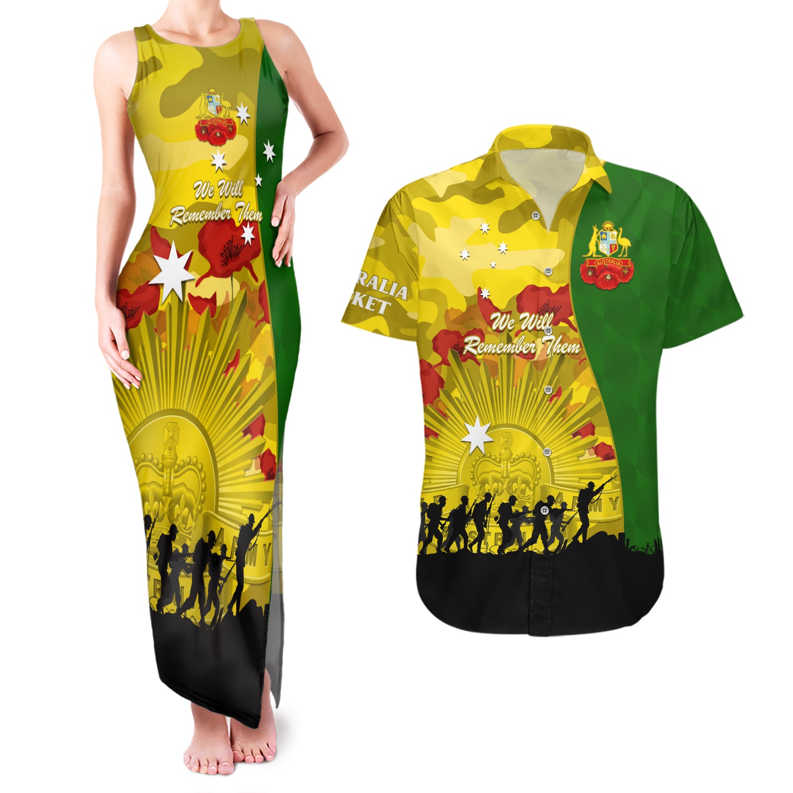 Australia Cricket ANZAC Day 2024 Couples Matching Tank Maxi Dress and Hawaiian Shirt Australian Army Camouflage With Poppies