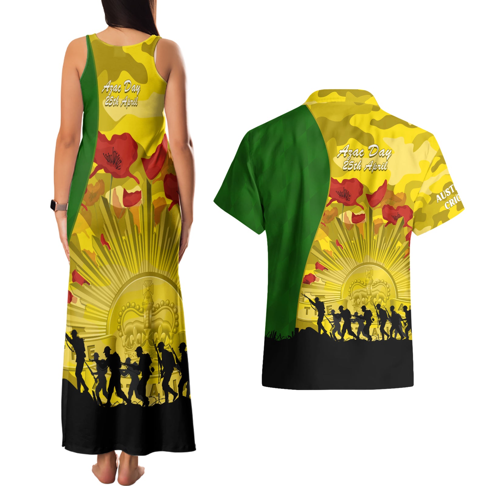 Australia Cricket ANZAC Day 2024 Couples Matching Tank Maxi Dress and Hawaiian Shirt Australian Army Camouflage With Poppies