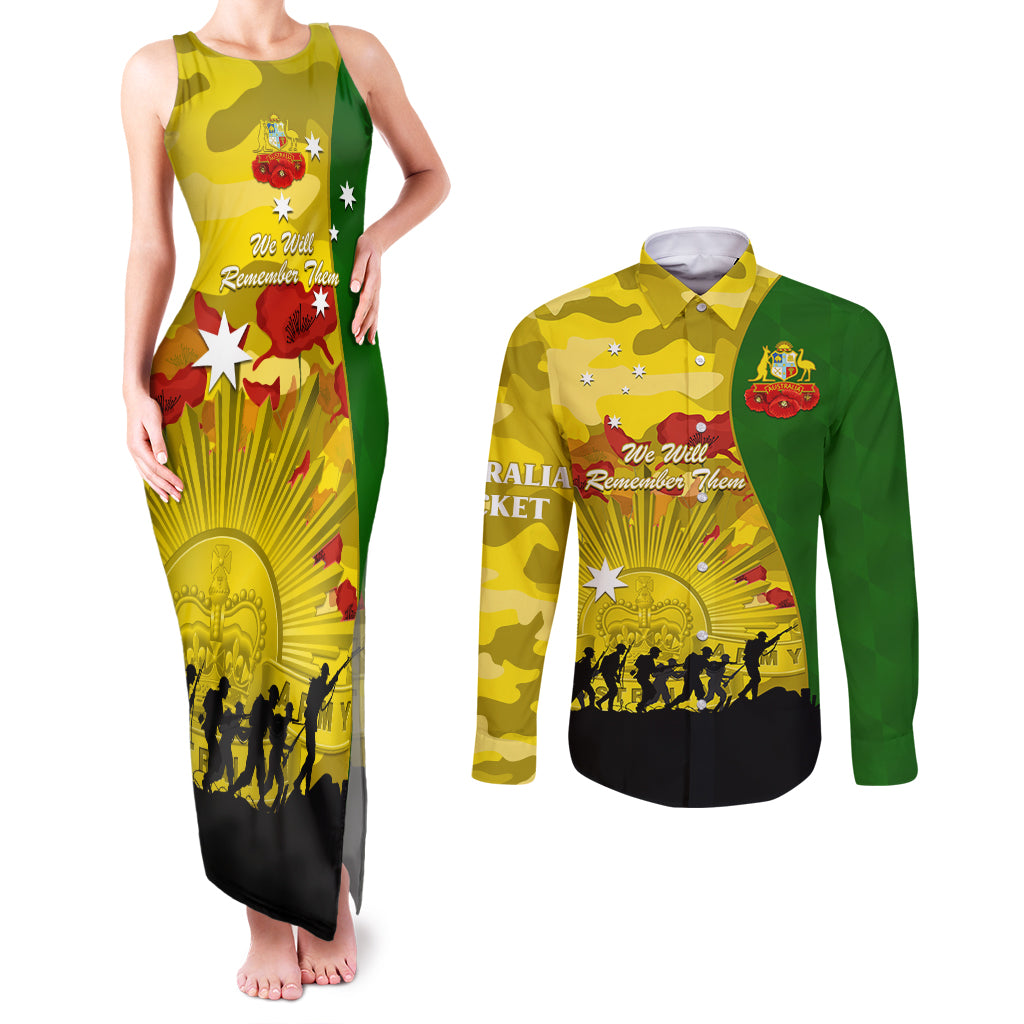 Australia Cricket ANZAC Day 2024 Couples Matching Tank Maxi Dress and Long Sleeve Button Shirt Australian Army Camouflage With Poppies