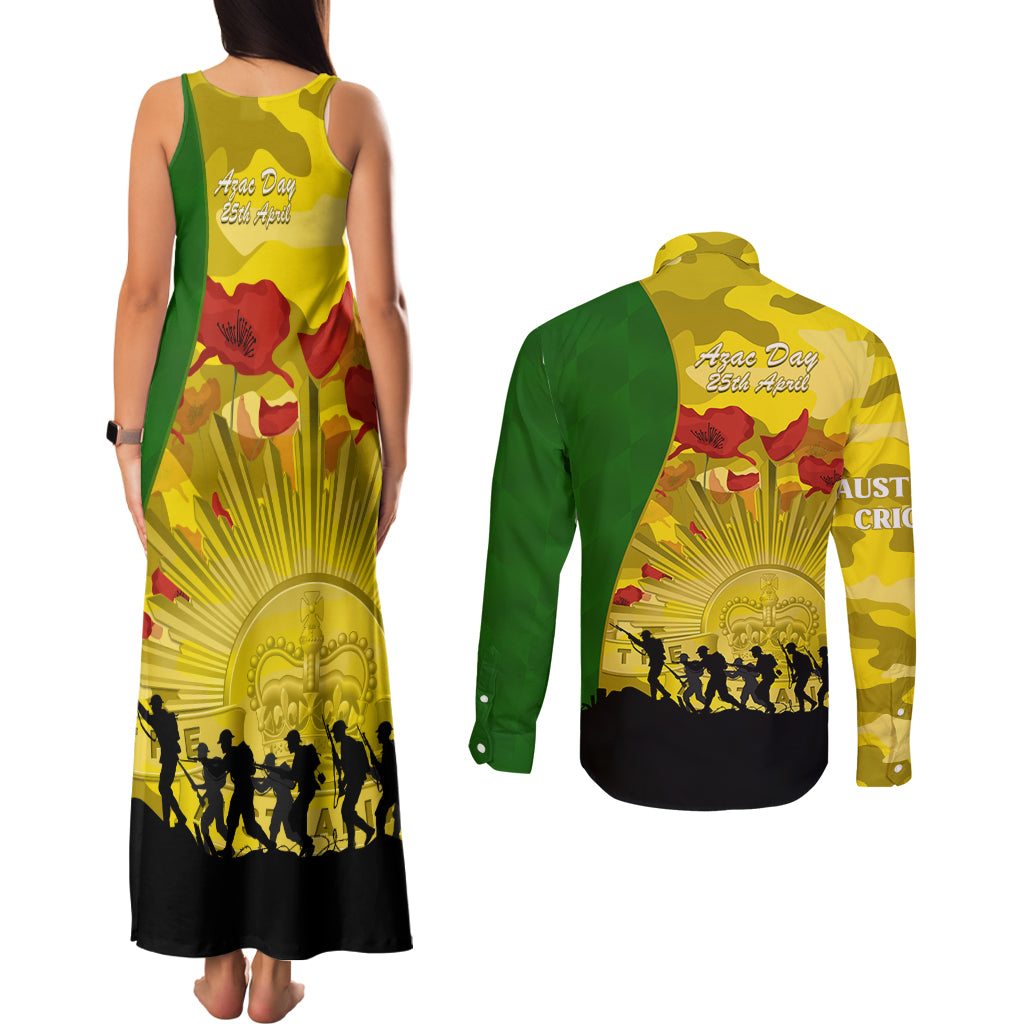 Australia Cricket ANZAC Day 2024 Couples Matching Tank Maxi Dress and Long Sleeve Button Shirt Australian Army Camouflage With Poppies