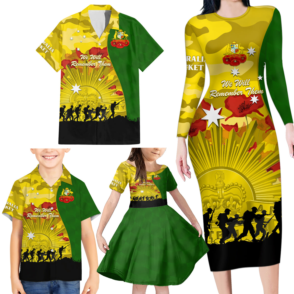 Australia Cricket ANZAC Day 2024 Family Matching Long Sleeve Bodycon Dress and Hawaiian Shirt Australian Army Camouflage With Poppies