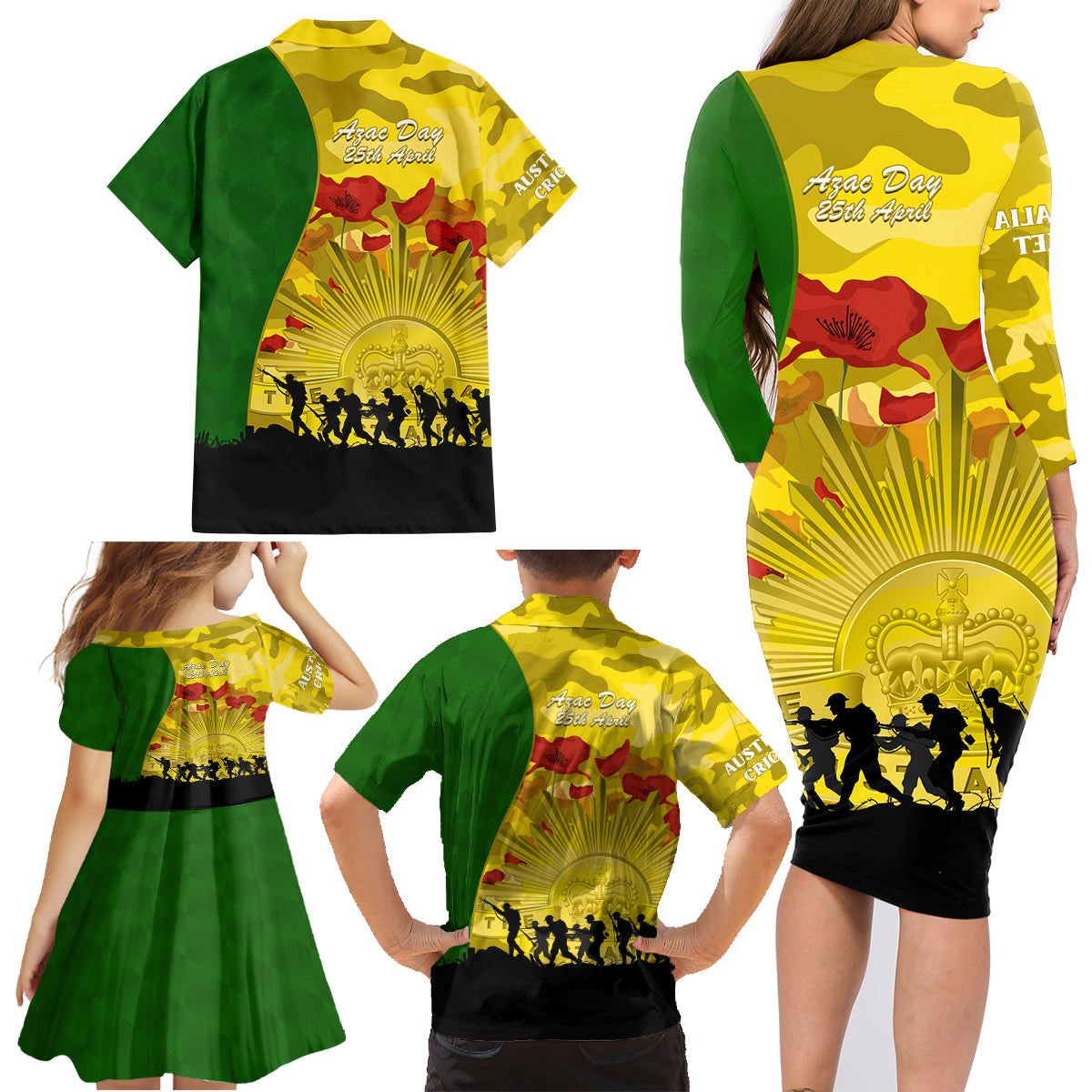Australia Cricket ANZAC Day 2024 Family Matching Long Sleeve Bodycon Dress and Hawaiian Shirt Australian Army Camouflage With Poppies