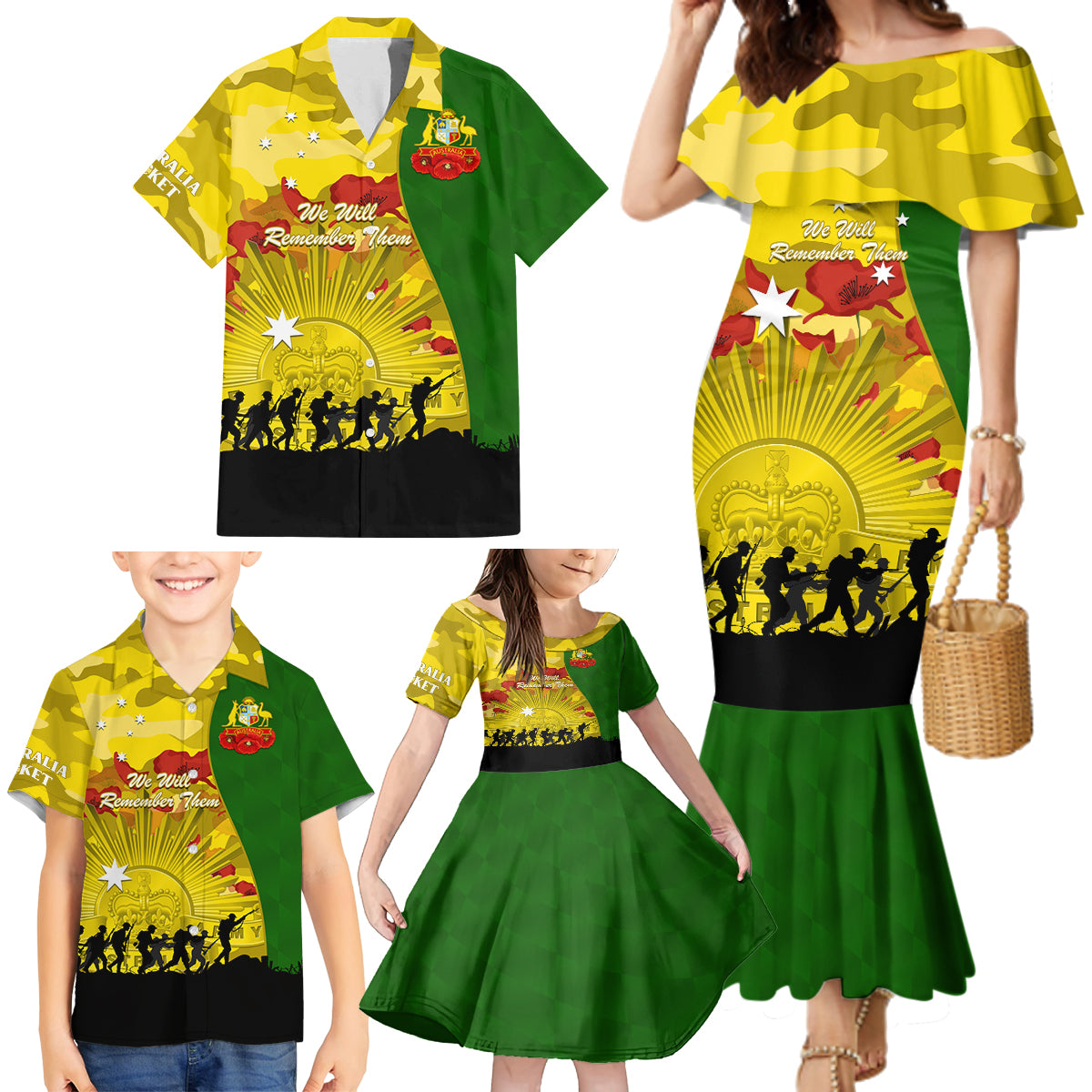 Australia Cricket ANZAC Day 2024 Family Matching Mermaid Dress and Hawaiian Shirt Australian Army Camouflage With Poppies