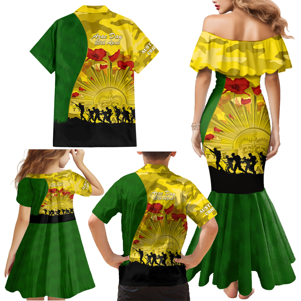 Australia Cricket ANZAC Day 2024 Family Matching Mermaid Dress and Hawaiian Shirt Australian Army Camouflage With Poppies