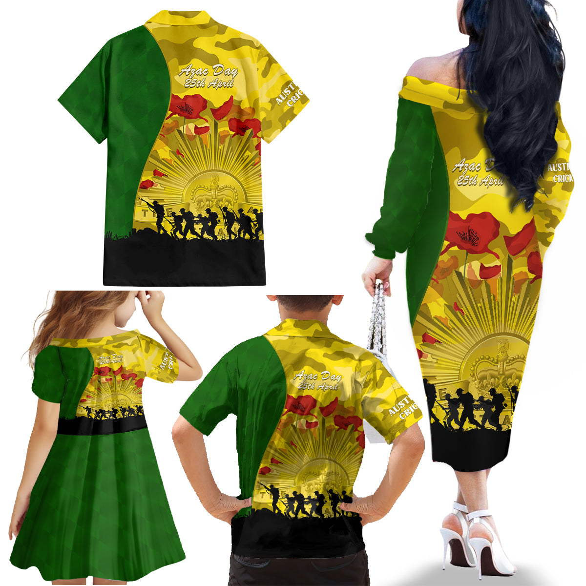 Australia Cricket ANZAC Day 2024 Family Matching Off Shoulder Long Sleeve Dress and Hawaiian Shirt Australian Army Camouflage With Poppies