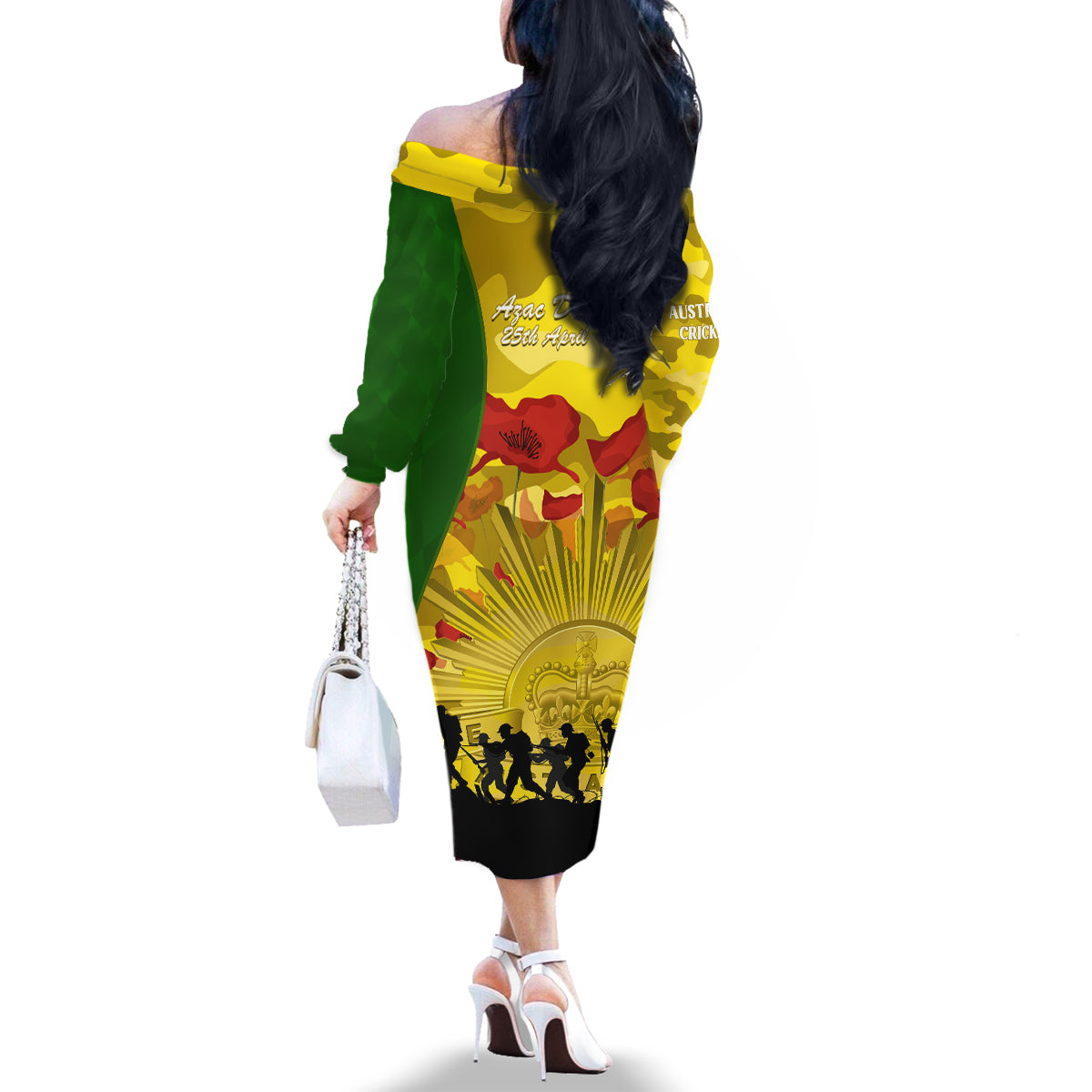 Australia Cricket ANZAC Day 2024 Family Matching Off Shoulder Long Sleeve Dress and Hawaiian Shirt Australian Army Camouflage With Poppies