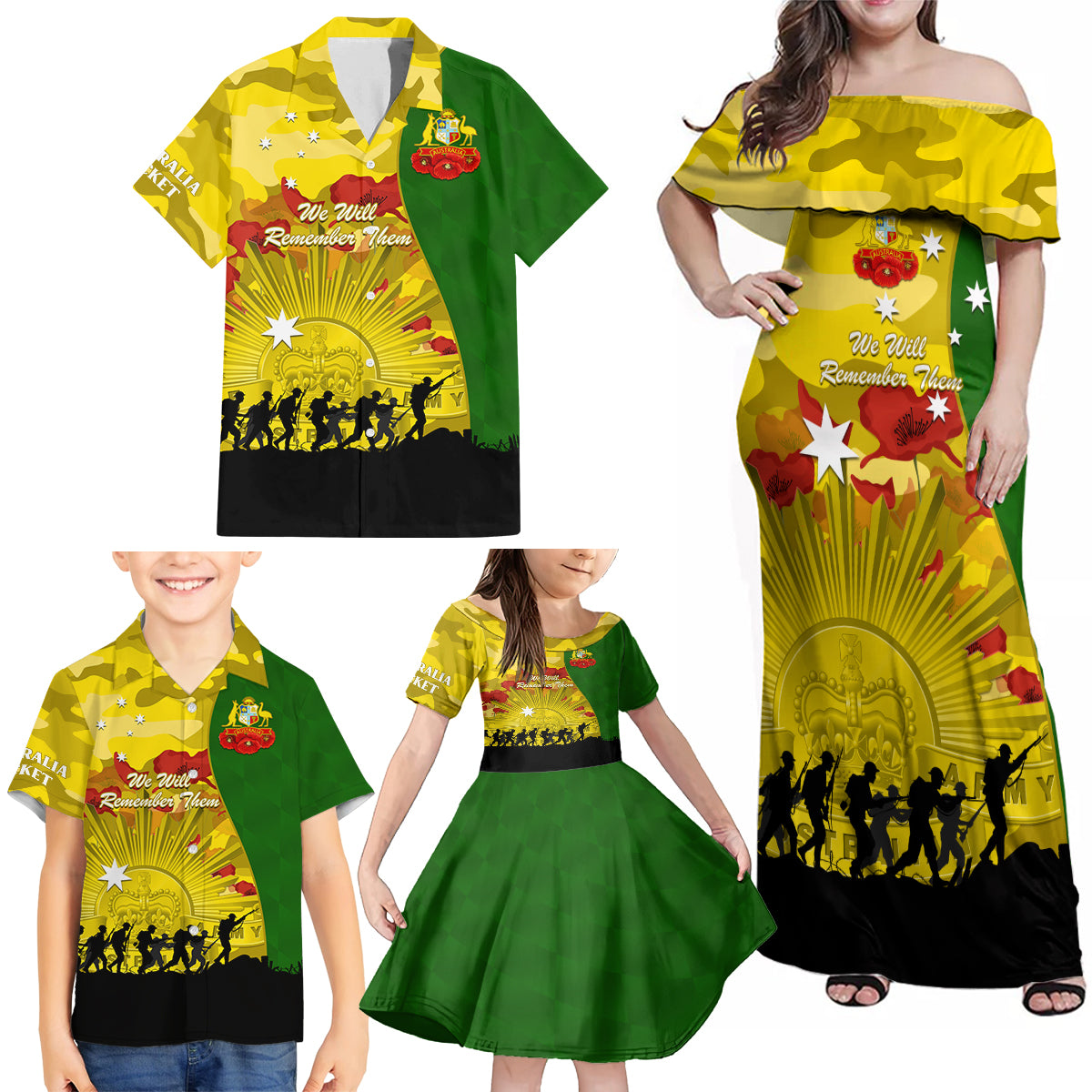 Australia Cricket ANZAC Day 2024 Family Matching Off Shoulder Maxi Dress and Hawaiian Shirt Australian Army Camouflage With Poppies