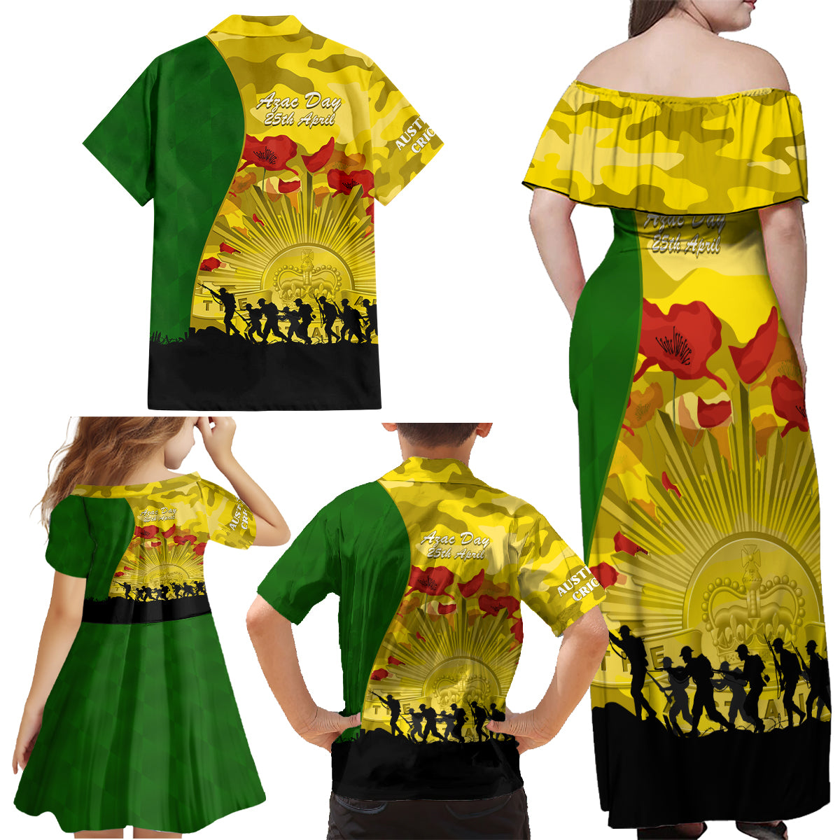 Australia Cricket ANZAC Day 2024 Family Matching Off Shoulder Maxi Dress and Hawaiian Shirt Australian Army Camouflage With Poppies
