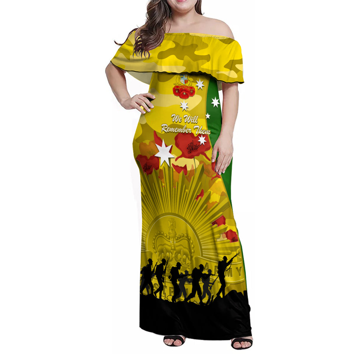 Australia Cricket ANZAC Day 2024 Family Matching Off Shoulder Maxi Dress and Hawaiian Shirt Australian Army Camouflage With Poppies