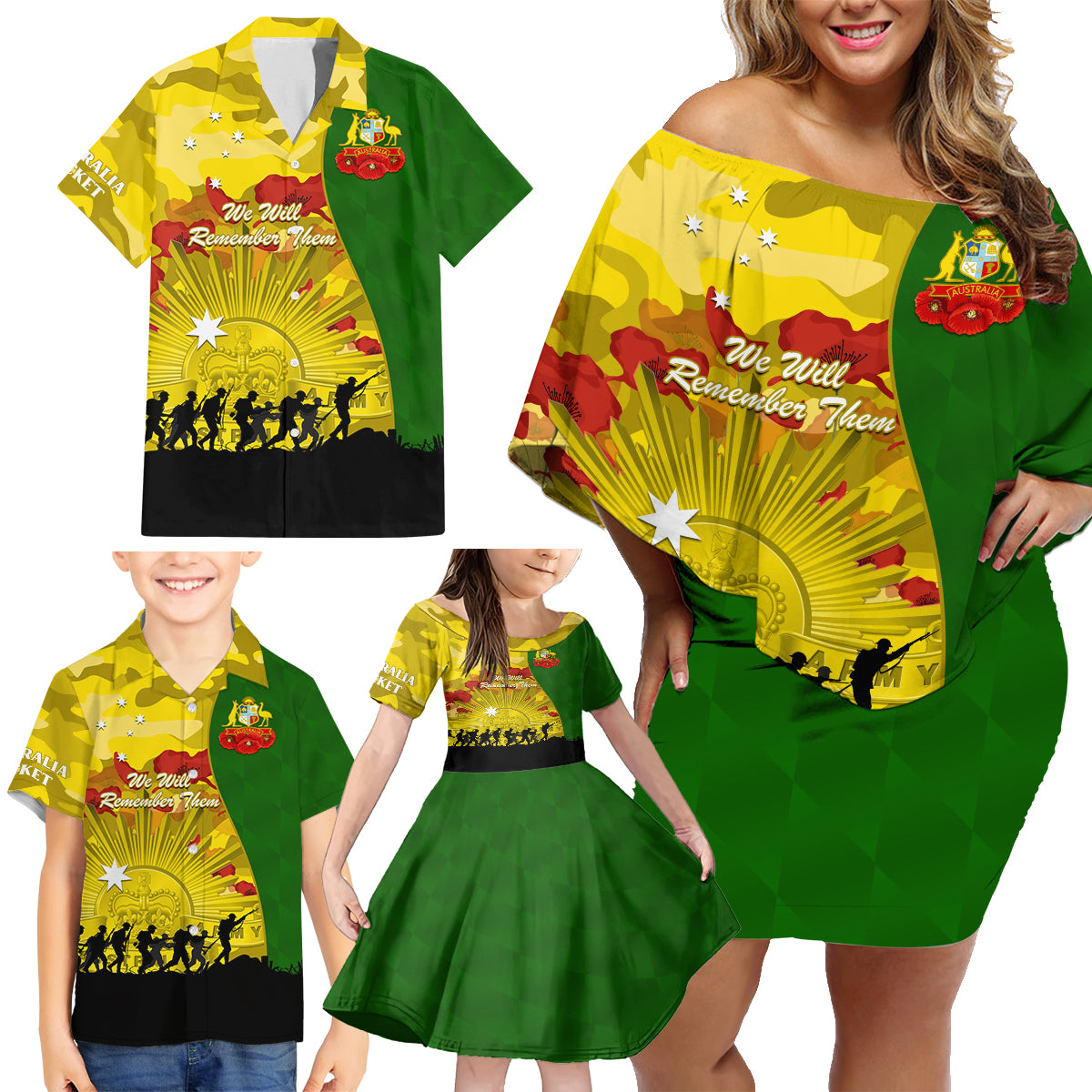 Australia Cricket ANZAC Day 2024 Family Matching Off Shoulder Short Dress and Hawaiian Shirt Australian Army Camouflage With Poppies