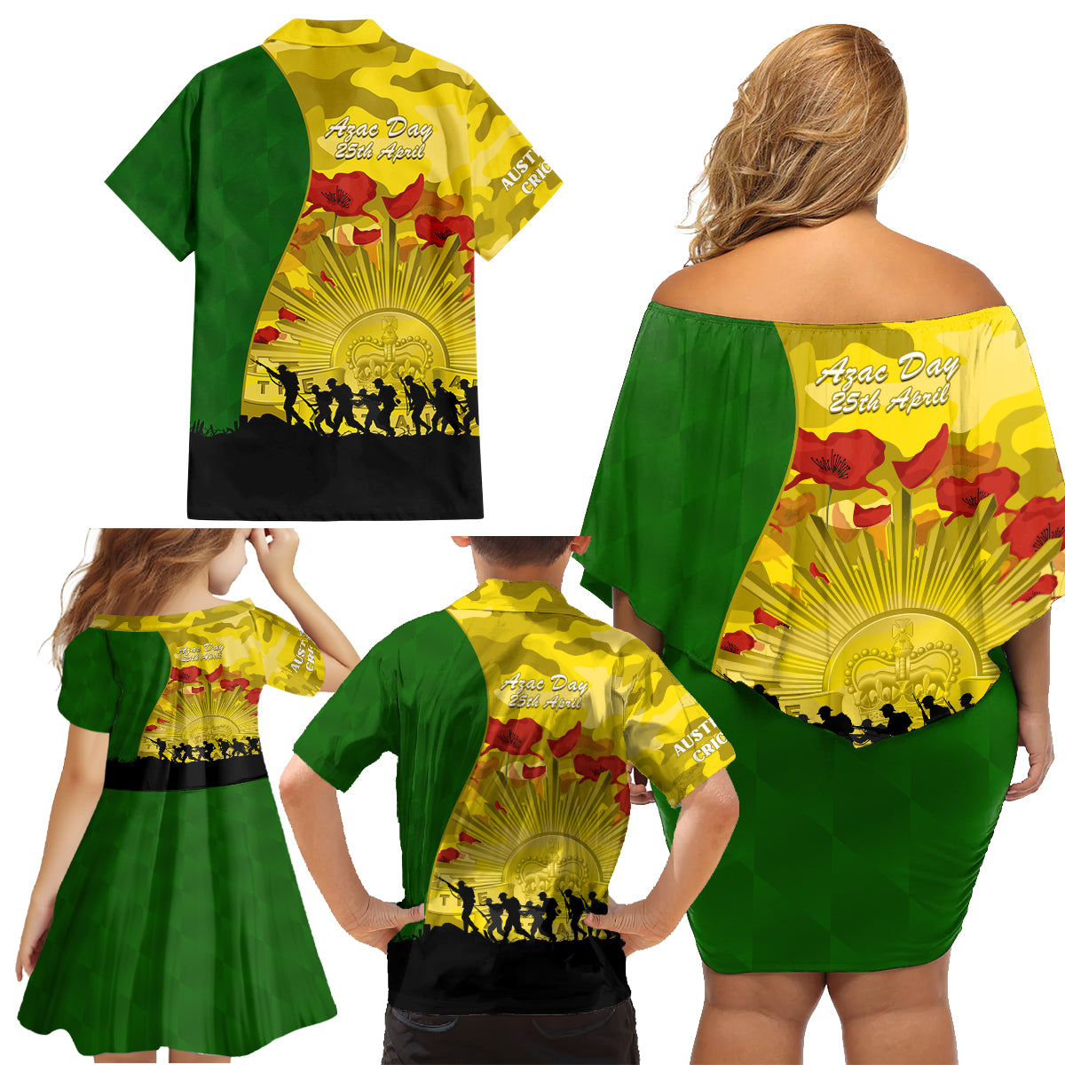 Australia Cricket ANZAC Day 2024 Family Matching Off Shoulder Short Dress and Hawaiian Shirt Australian Army Camouflage With Poppies