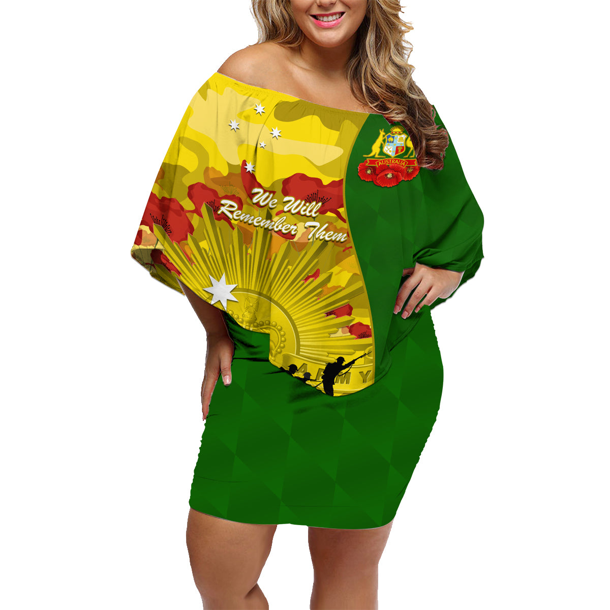 Australia Cricket ANZAC Day 2024 Family Matching Off Shoulder Short Dress and Hawaiian Shirt Australian Army Camouflage With Poppies