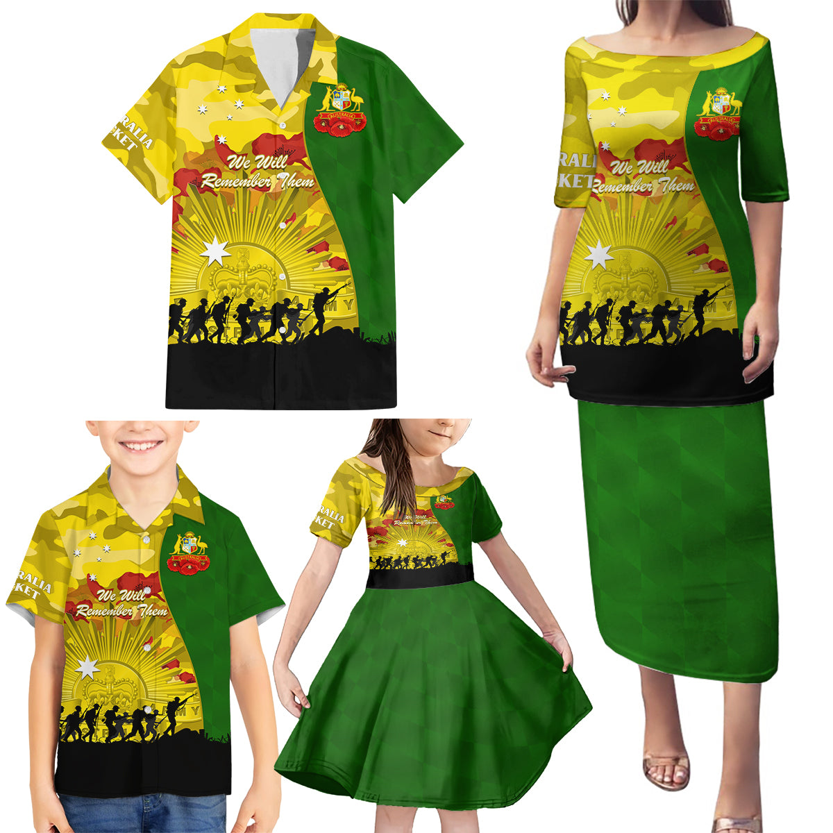 Australia Cricket ANZAC Day 2024 Family Matching Puletasi and Hawaiian Shirt Australian Army Camouflage With Poppies