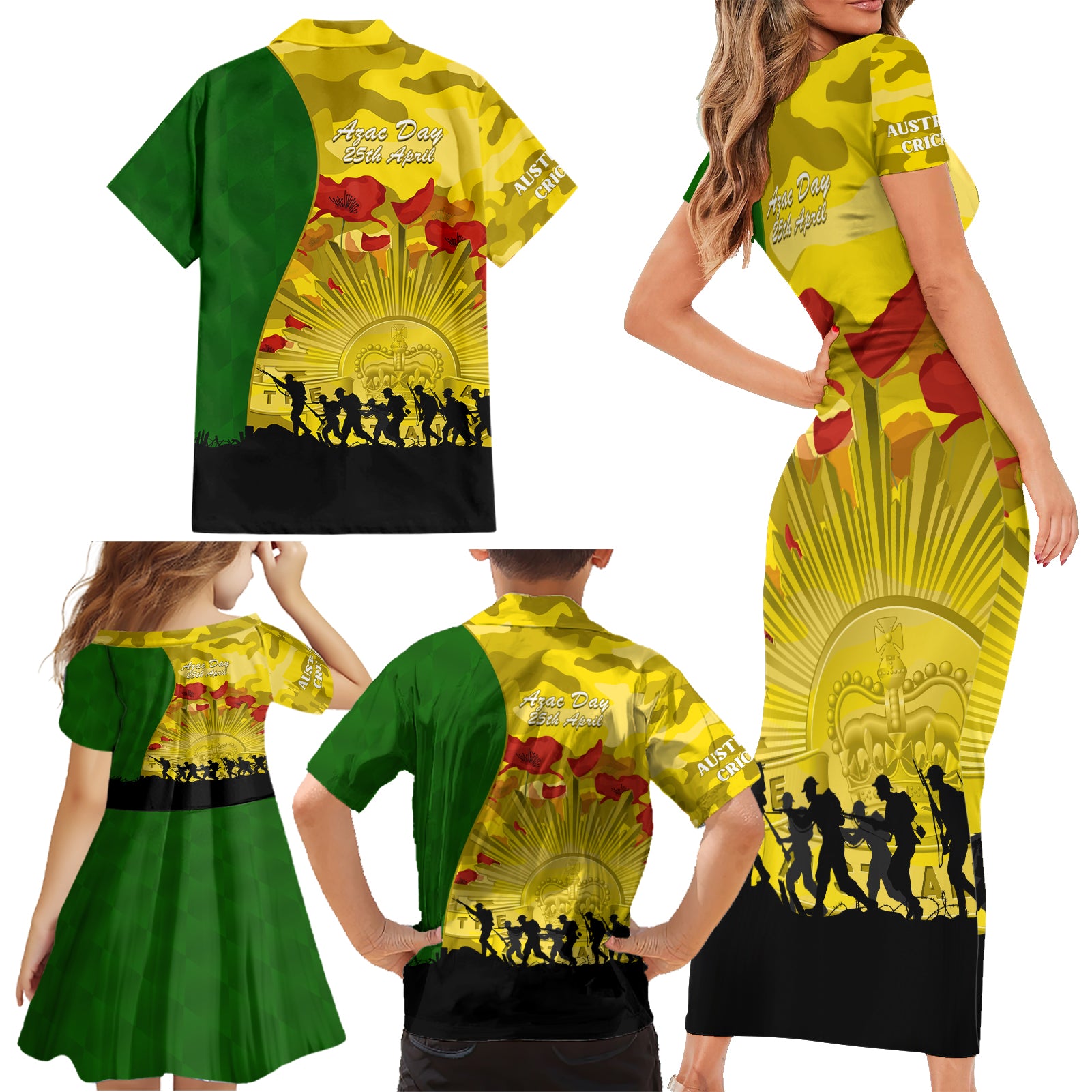 Australia Cricket ANZAC Day 2024 Family Matching Short Sleeve Bodycon Dress and Hawaiian Shirt Australian Army Camouflage With Poppies