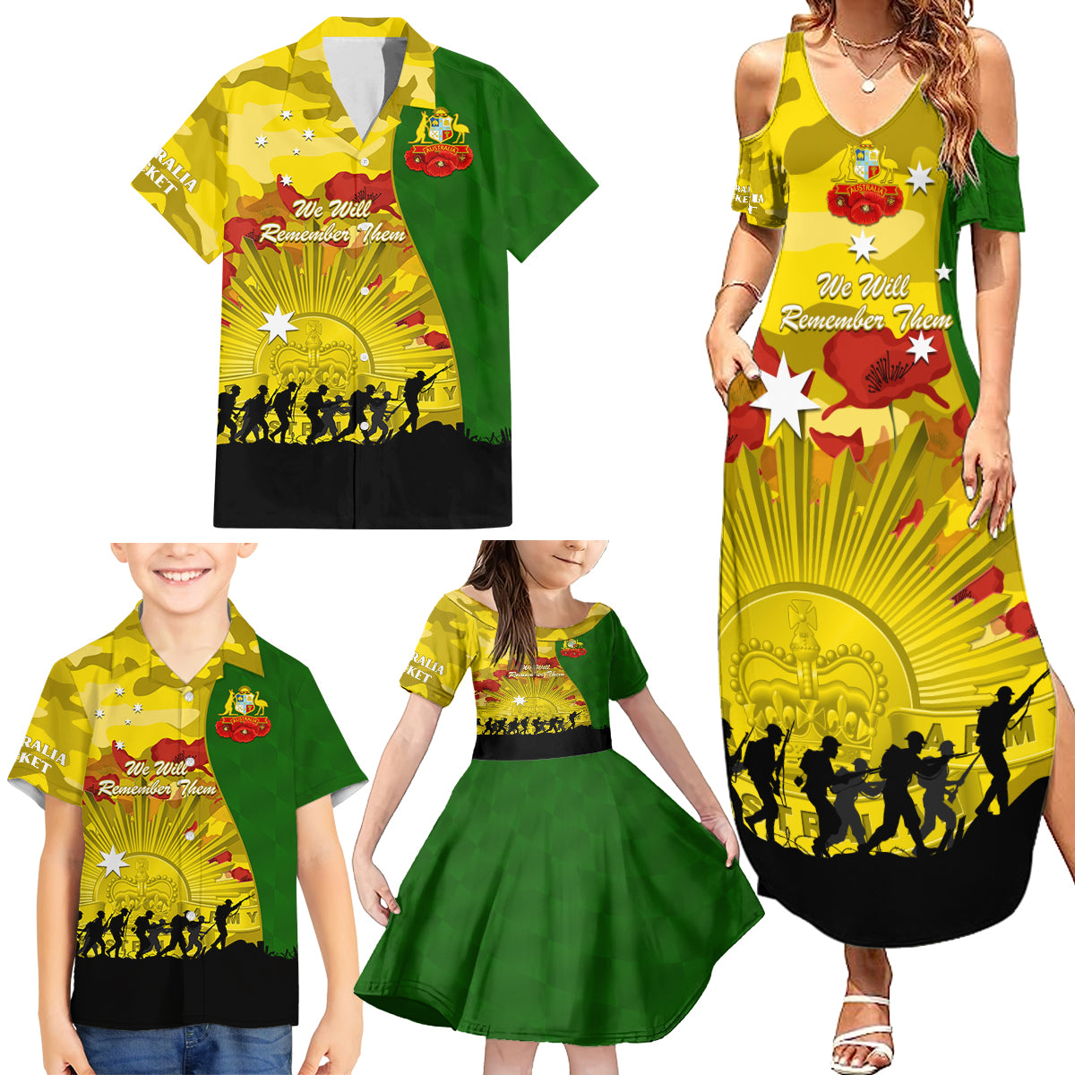 Australia Cricket ANZAC Day 2024 Family Matching Summer Maxi Dress and Hawaiian Shirt Australian Army Camouflage With Poppies