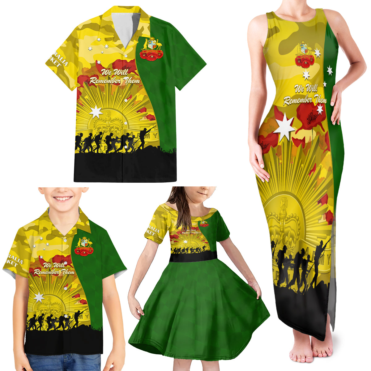 Australia Cricket ANZAC Day 2024 Family Matching Tank Maxi Dress and Hawaiian Shirt Australian Army Camouflage With Poppies