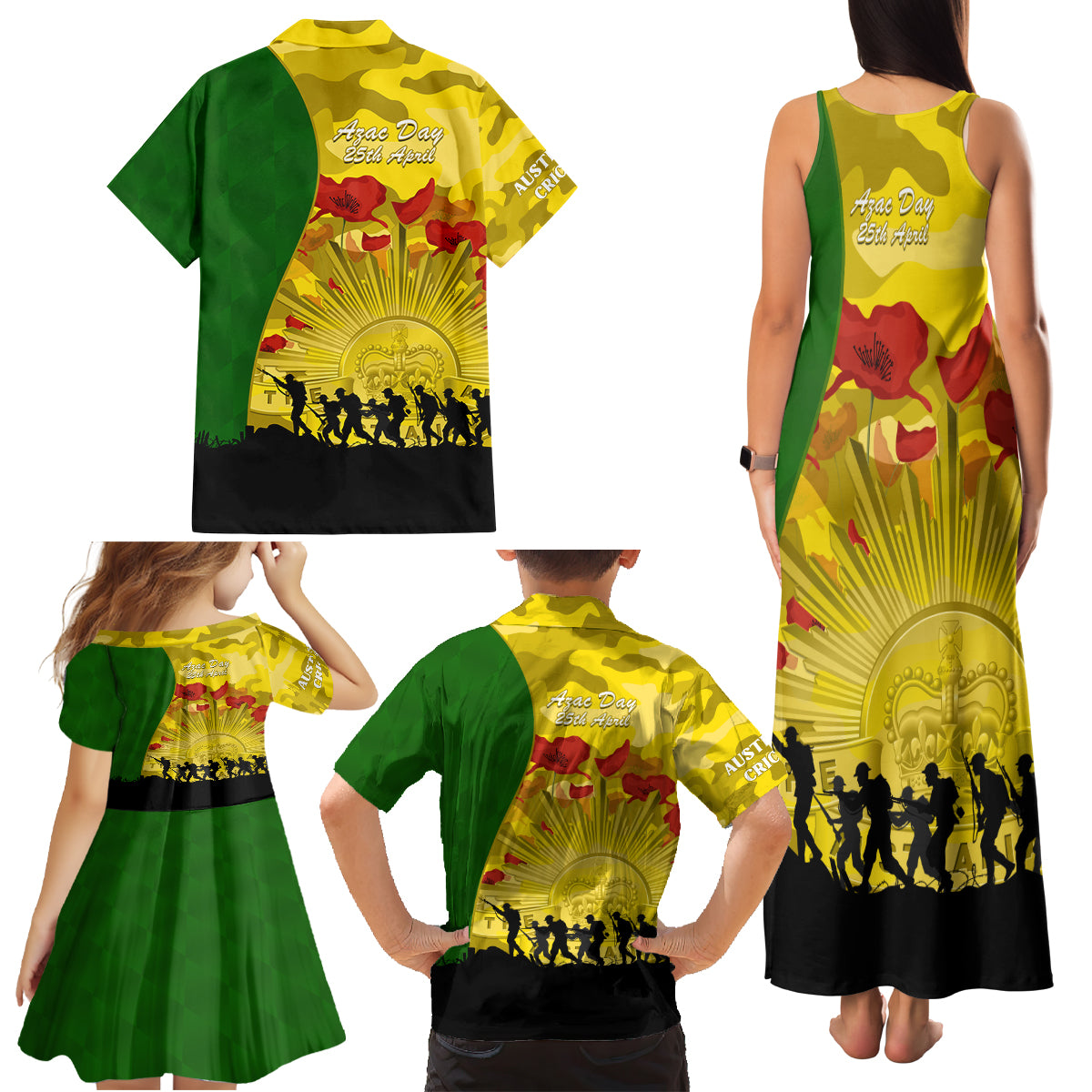 Australia Cricket ANZAC Day 2024 Family Matching Tank Maxi Dress and Hawaiian Shirt Australian Army Camouflage With Poppies