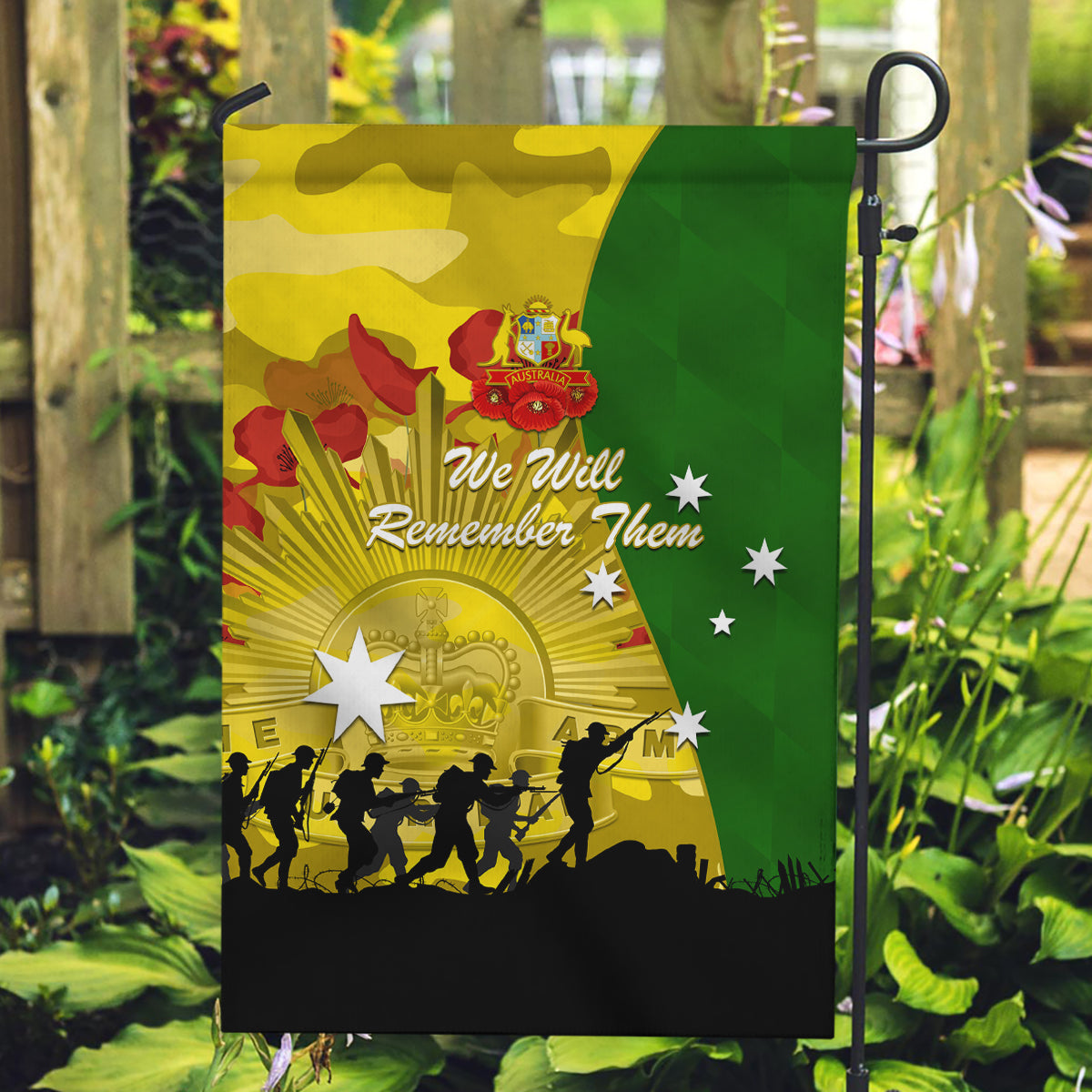 Australia Cricket ANZAC Day 2024 Garden Flag Australian Army Camouflage With Poppies - Vibe Hoodie Shop