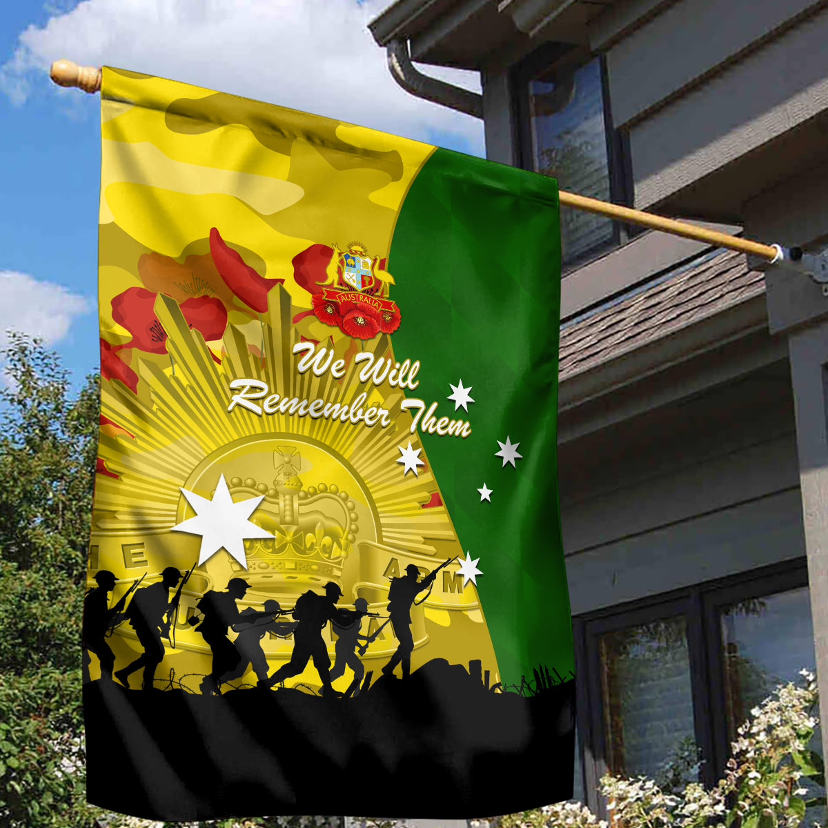 Australia Cricket ANZAC Day 2024 Garden Flag Australian Army Camouflage With Poppies - Vibe Hoodie Shop