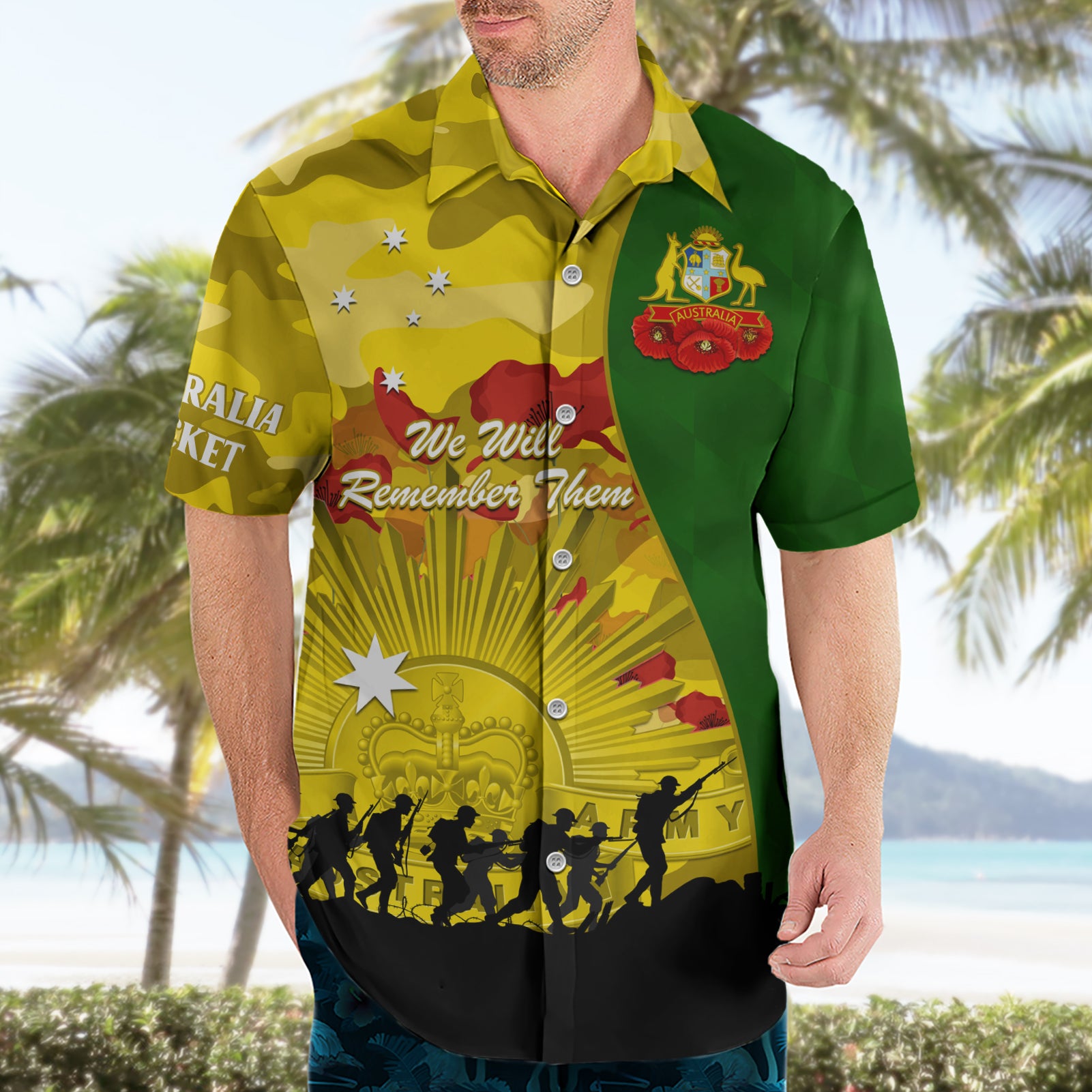 Australia Cricket ANZAC Day 2024 Hawaiian Shirt Australian Army Camouflage With Poppies - Vibe Hoodie Shop