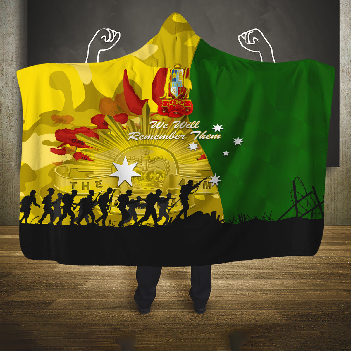 Australia Cricket ANZAC Day 2024 Hooded Blanket Australian Army Camouflage With Poppies
