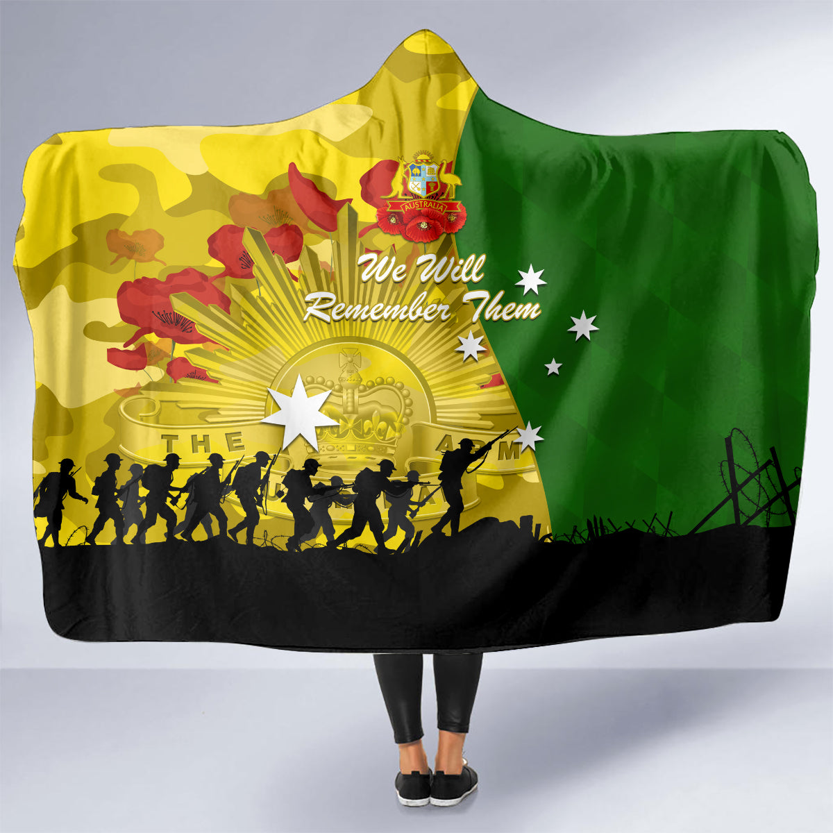 Australia Cricket ANZAC Day 2024 Hooded Blanket Australian Army Camouflage With Poppies