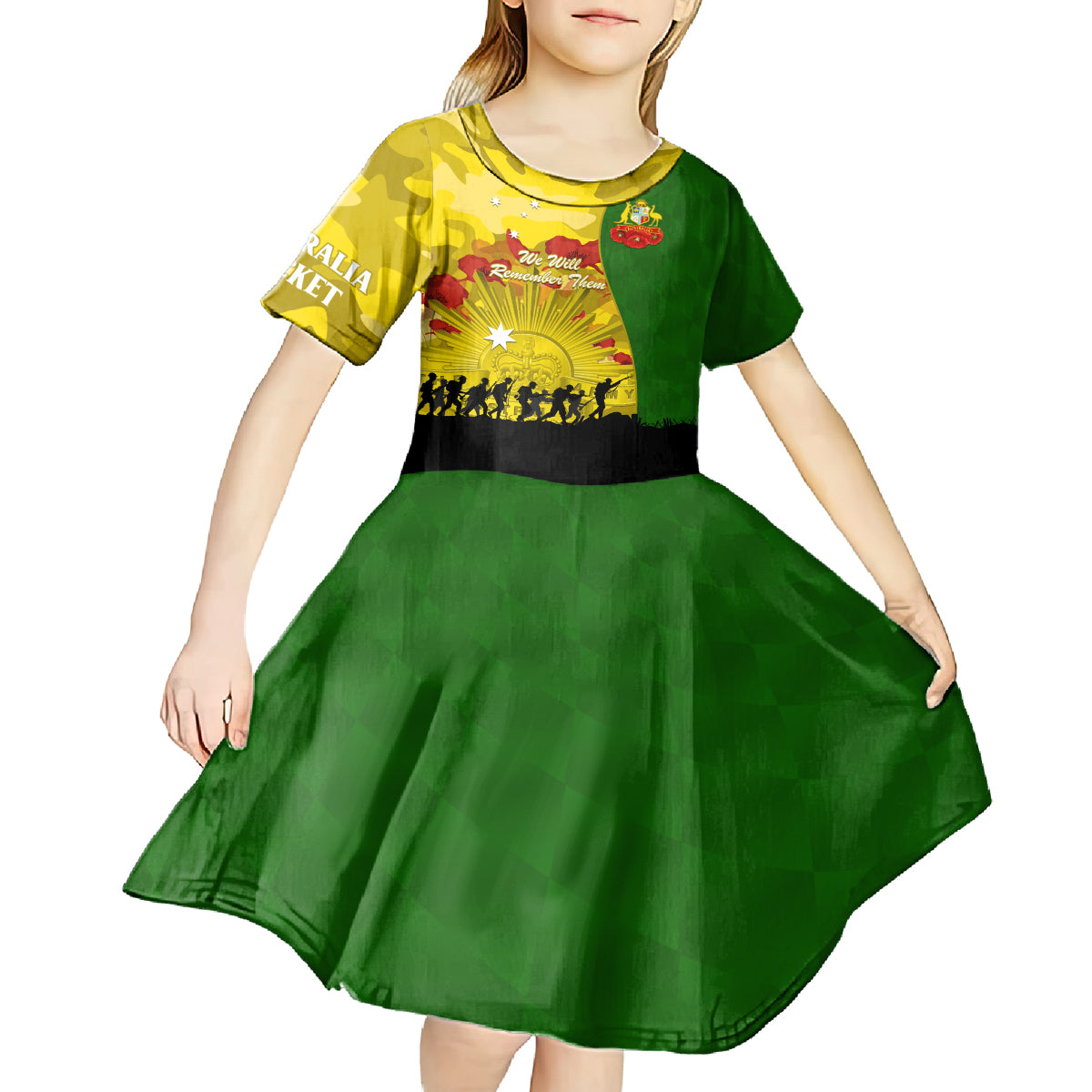 Australia Cricket ANZAC Day 2024 Kid Short Sleeve Dress Australian Army Camouflage With Poppies - Vibe Hoodie Shop