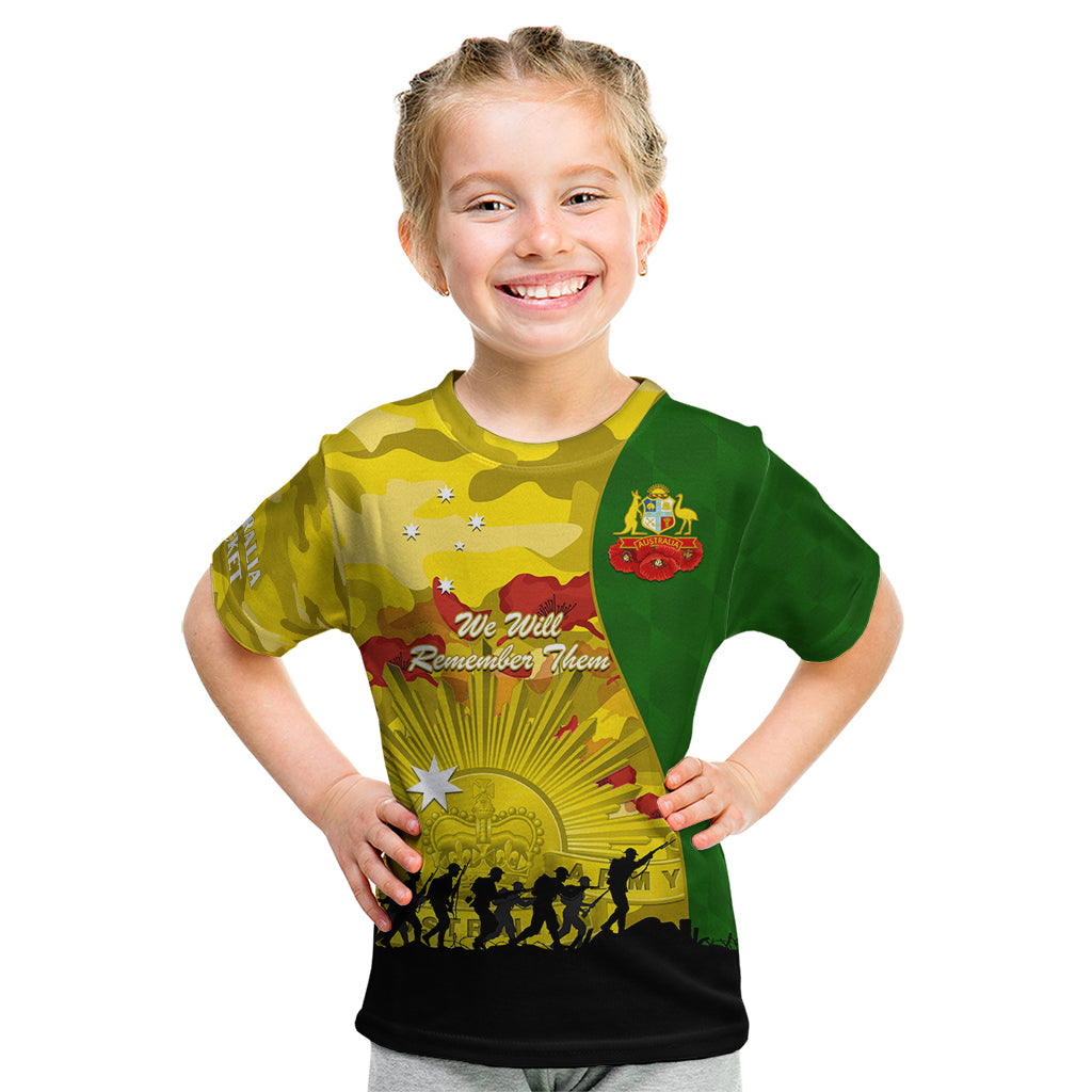 Australia Cricket ANZAC Day 2024 Kid T Shirt Australian Army Camouflage With Poppies - Vibe Hoodie Shop