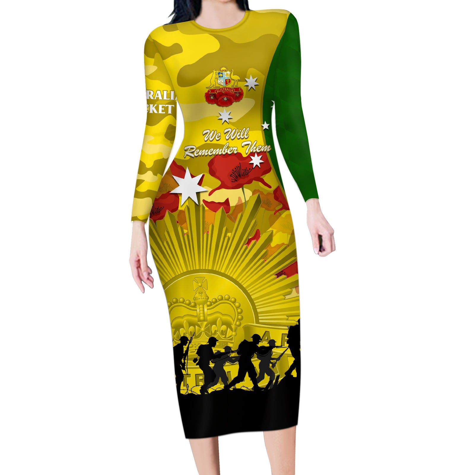 Australia Cricket ANZAC Day 2024 Long Sleeve Bodycon Dress Australian Army Camouflage With Poppies