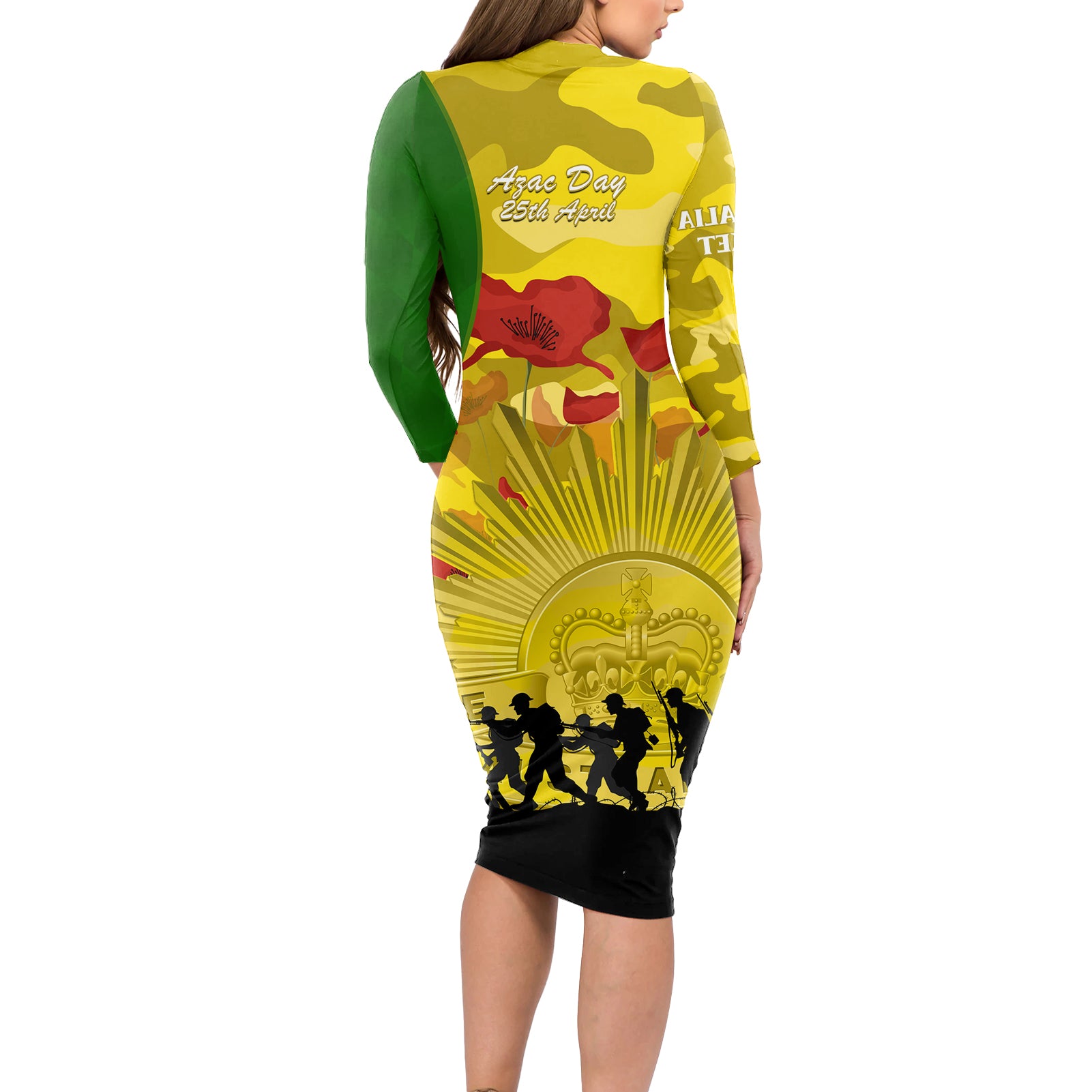 Australia Cricket ANZAC Day 2024 Long Sleeve Bodycon Dress Australian Army Camouflage With Poppies