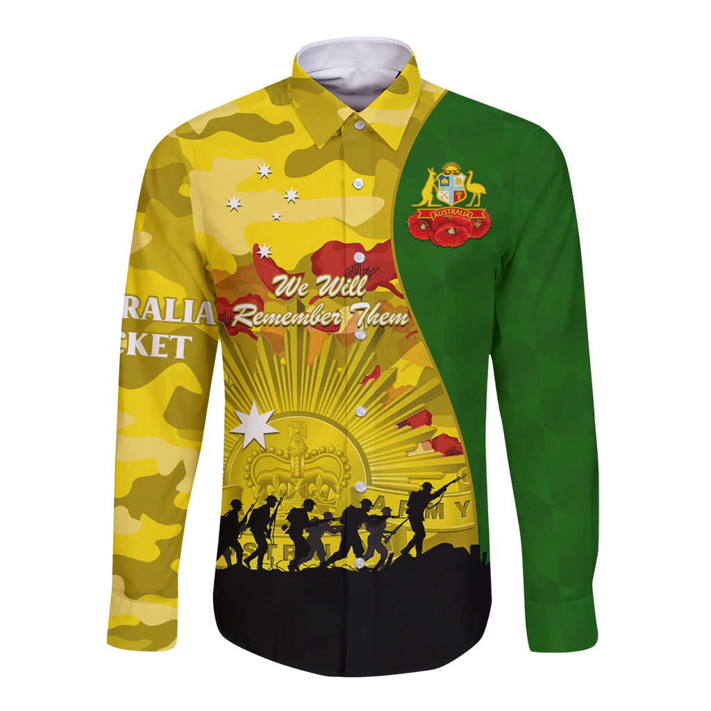 Australia Cricket ANZAC Day 2024 Long Sleeve Button Shirt Australian Army Camouflage With Poppies - Vibe Hoodie Shop