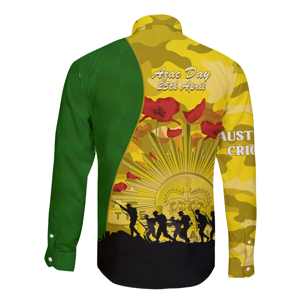 Australia Cricket ANZAC Day 2024 Long Sleeve Button Shirt Australian Army Camouflage With Poppies - Vibe Hoodie Shop