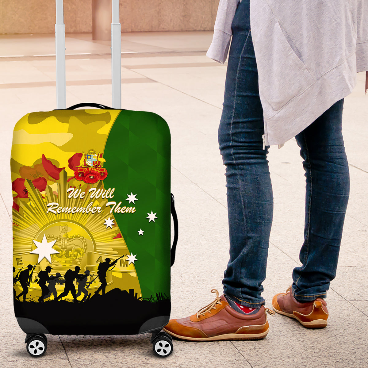 Australia Cricket ANZAC Day 2024 Luggage Cover Australian Army Camouflage With Poppies - Vibe Hoodie Shop