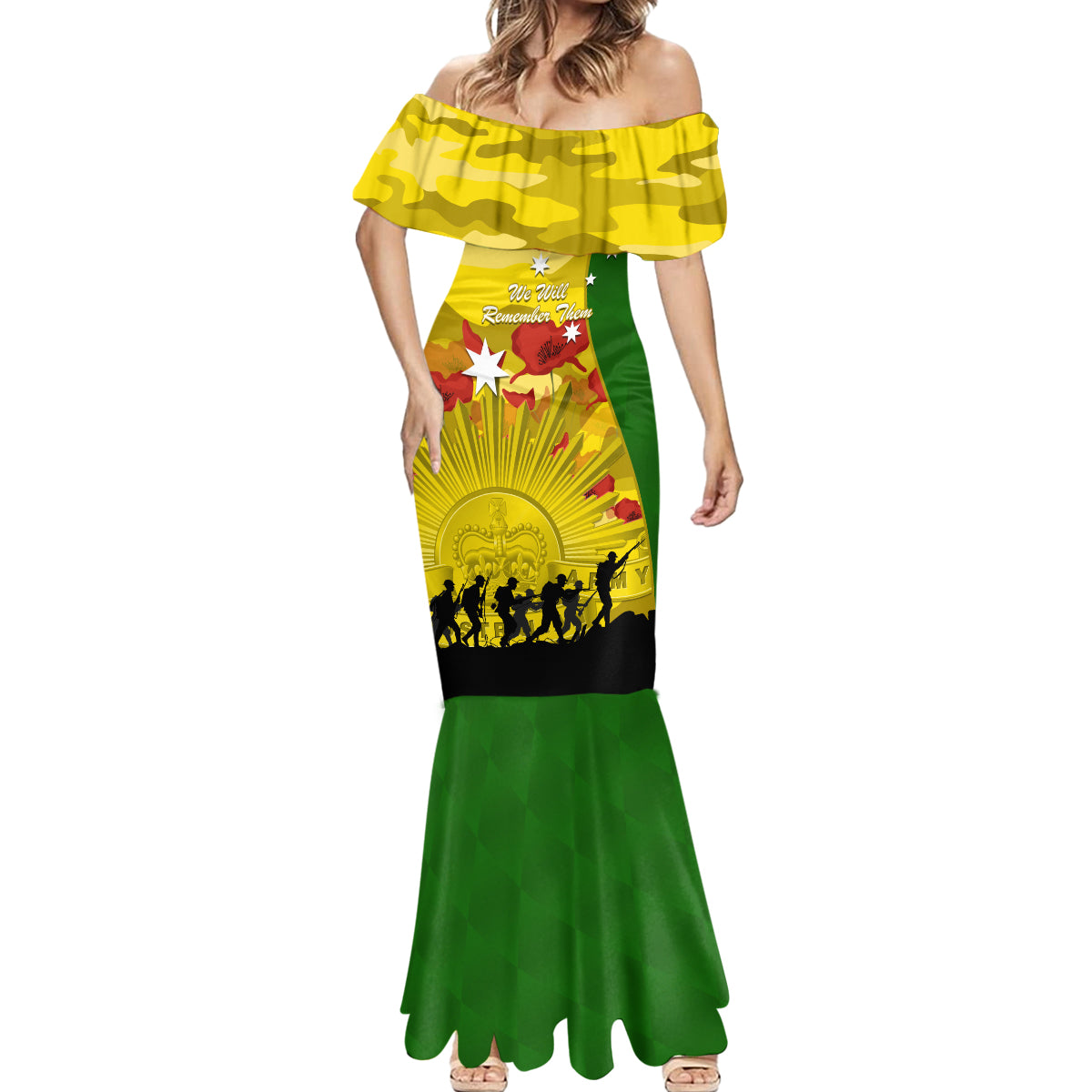 Australia Cricket ANZAC Day 2024 Mermaid Dress Australian Army Camouflage With Poppies