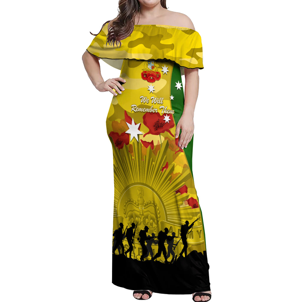 Australia Cricket ANZAC Day 2024 Off Shoulder Maxi Dress Australian Army Camouflage With Poppies