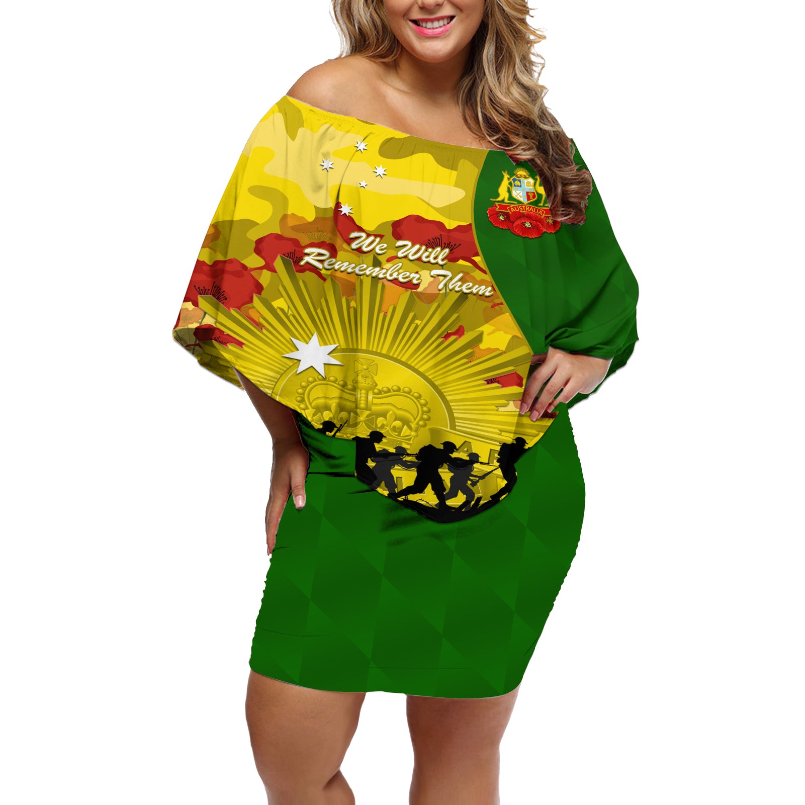Australia Cricket ANZAC Day 2024 Off Shoulder Short Dress Australian Army Camouflage With Poppies