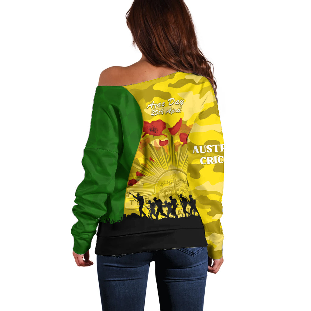 Australia Cricket ANZAC Day 2024 Off Shoulder Sweater Australian Army Camouflage With Poppies - Vibe Hoodie Shop