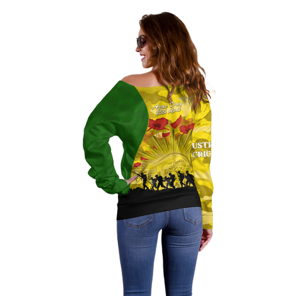 Australia Cricket ANZAC Day 2024 Off Shoulder Sweater Australian Army Camouflage With Poppies - Vibe Hoodie Shop