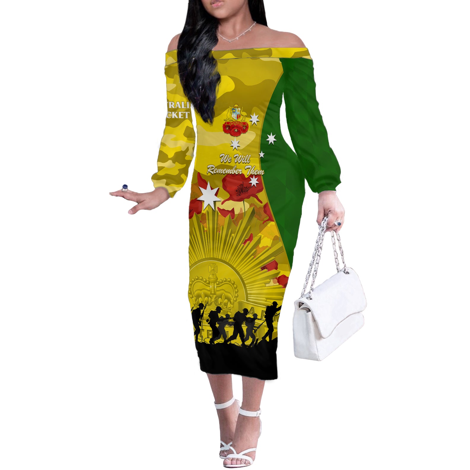 Australia Cricket ANZAC Day 2024 Off The Shoulder Long Sleeve Dress Australian Army Camouflage With Poppies