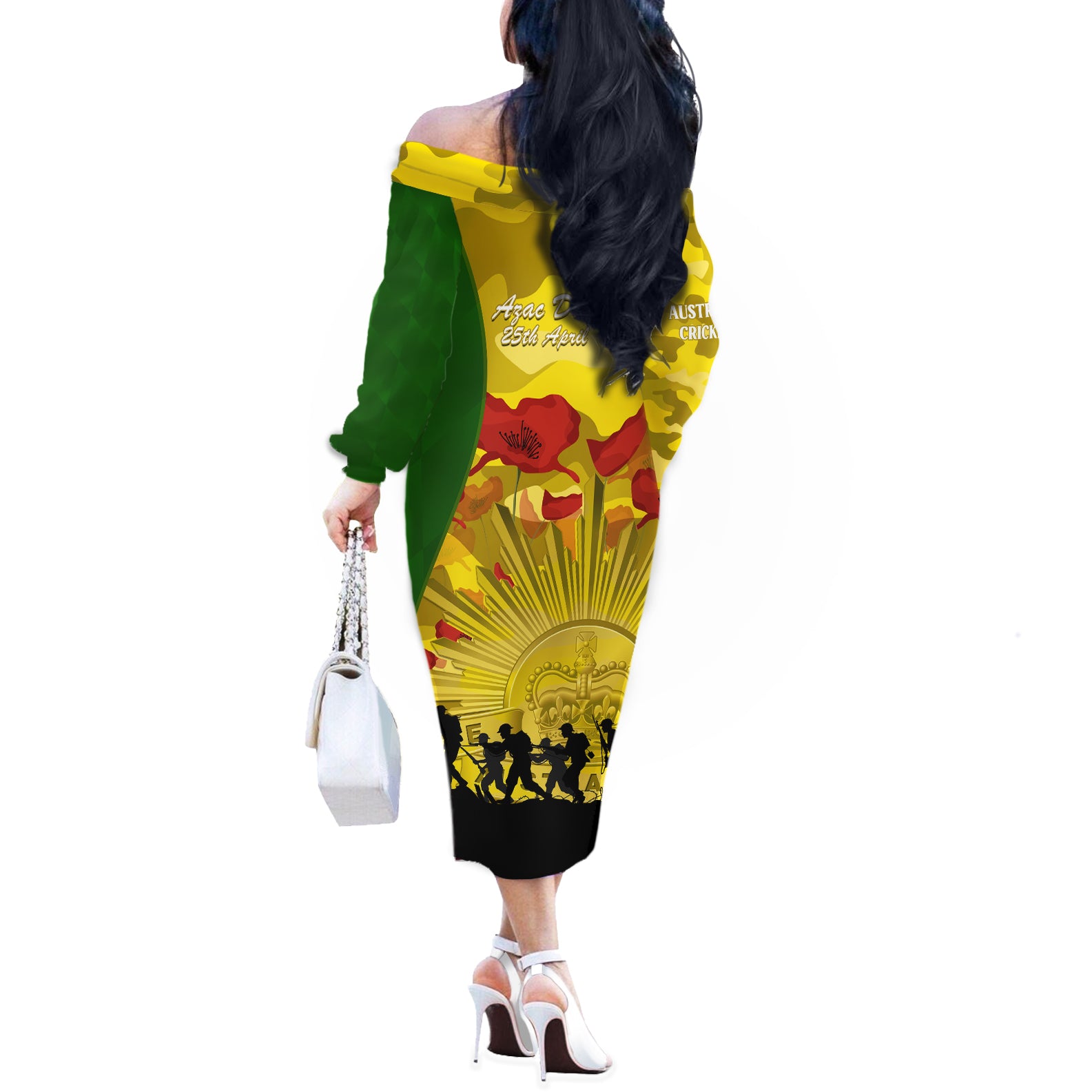 Australia Cricket ANZAC Day 2024 Off The Shoulder Long Sleeve Dress Australian Army Camouflage With Poppies