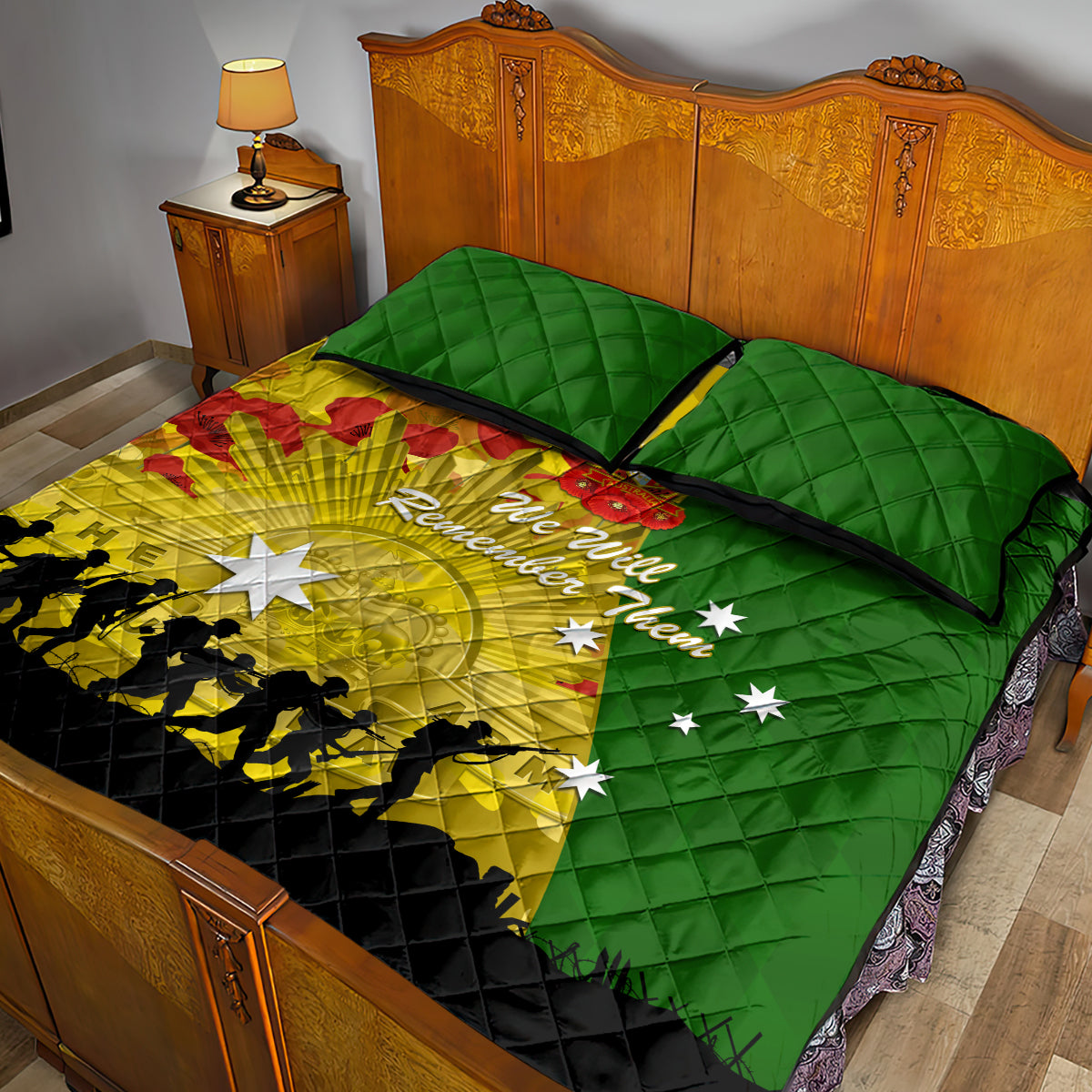 Australia Cricket ANZAC Day 2024 Quilt Bed Set Australian Army Camouflage With Poppies - Vibe Hoodie Shop