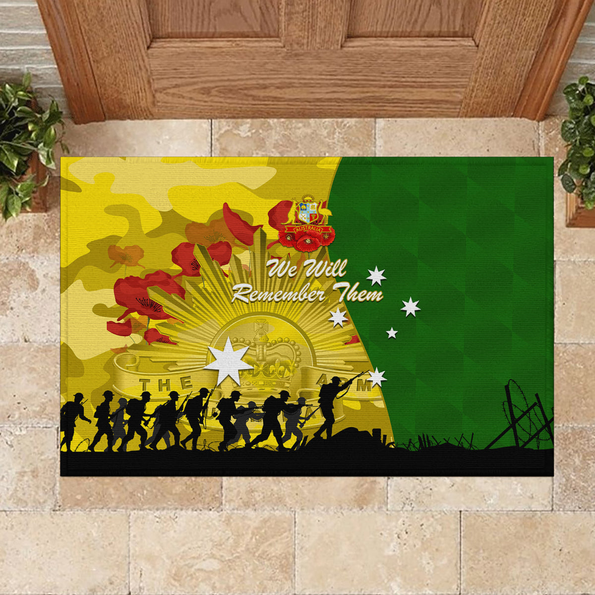 Australia Cricket ANZAC Day 2024 Rubber Doormat Australian Army Camouflage With Poppies
