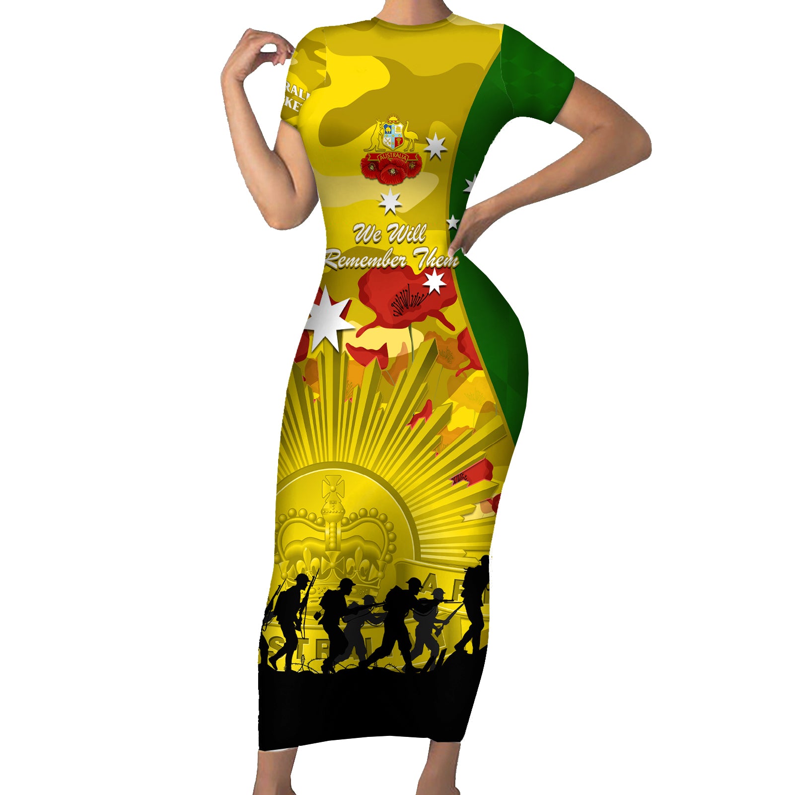 Australia Cricket ANZAC Day 2024 Short Sleeve Bodycon Dress Australian Army Camouflage With Poppies