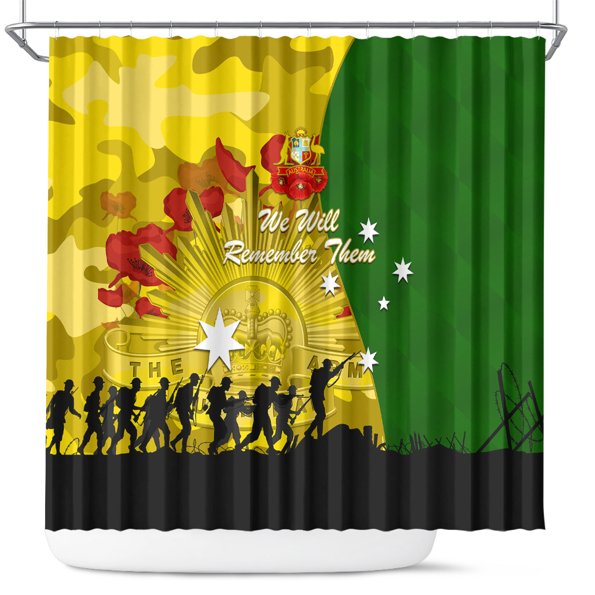 Australia Cricket ANZAC Day 2024 Shower Curtain Australian Army Camouflage With Poppies