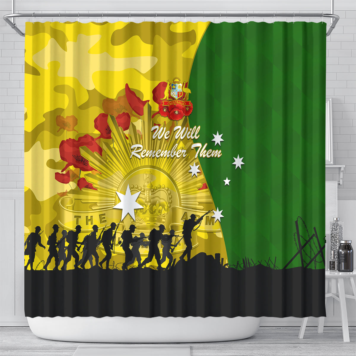 Australia Cricket ANZAC Day 2024 Shower Curtain Australian Army Camouflage With Poppies