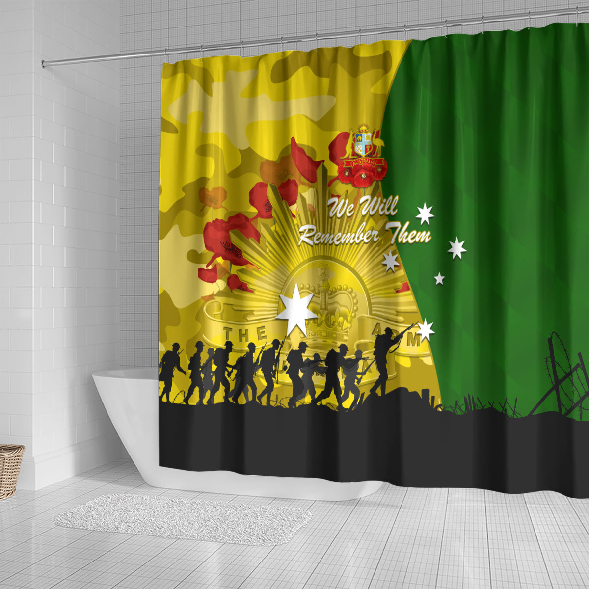 Australia Cricket ANZAC Day 2024 Shower Curtain Australian Army Camouflage With Poppies