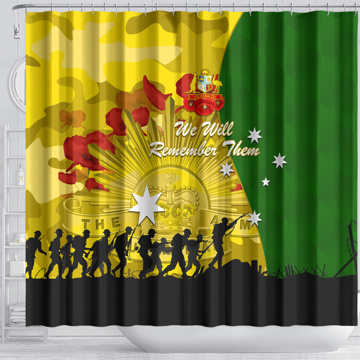 Australia Cricket ANZAC Day 2024 Shower Curtain Australian Army Camouflage With Poppies