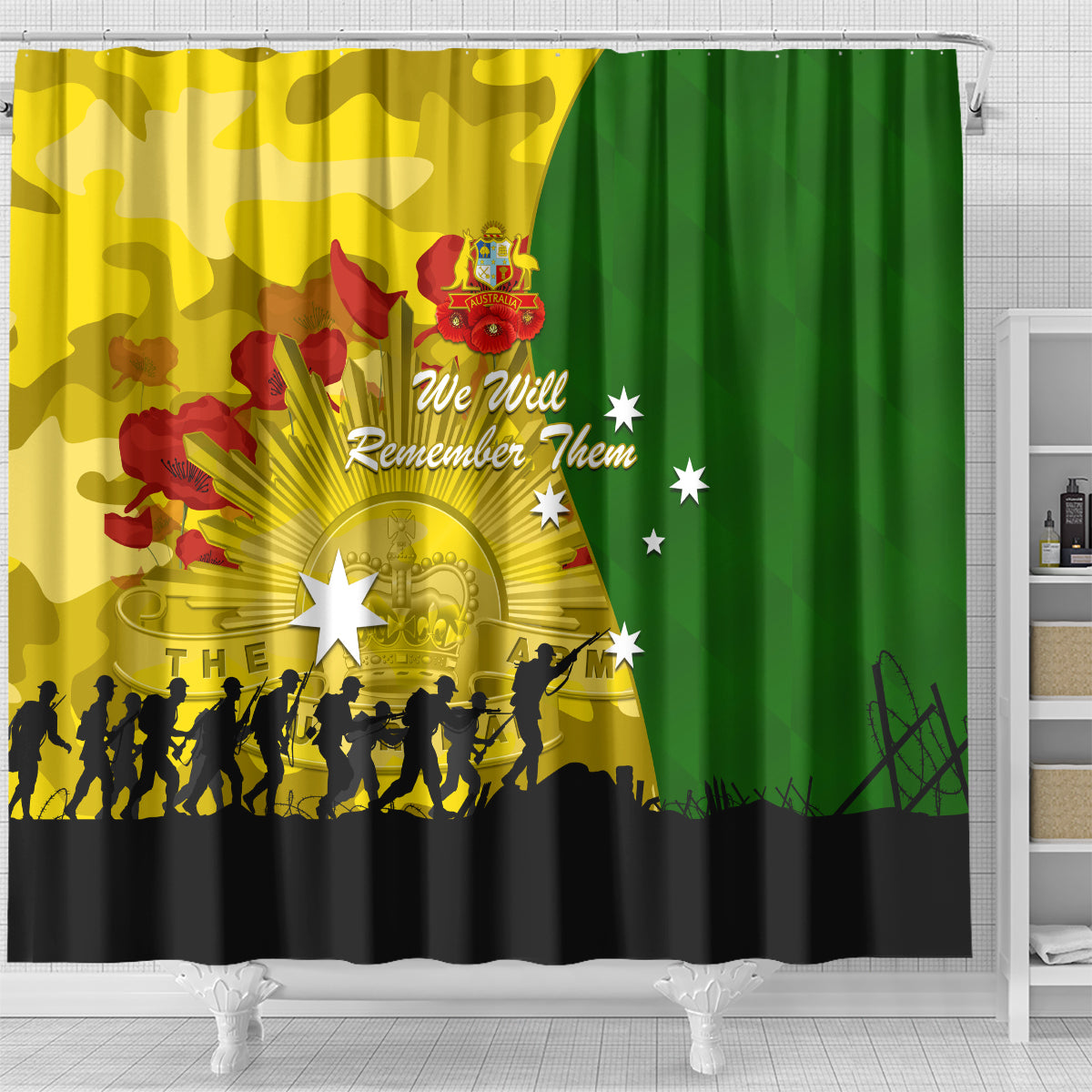 Australia Cricket ANZAC Day 2024 Shower Curtain Australian Army Camouflage With Poppies