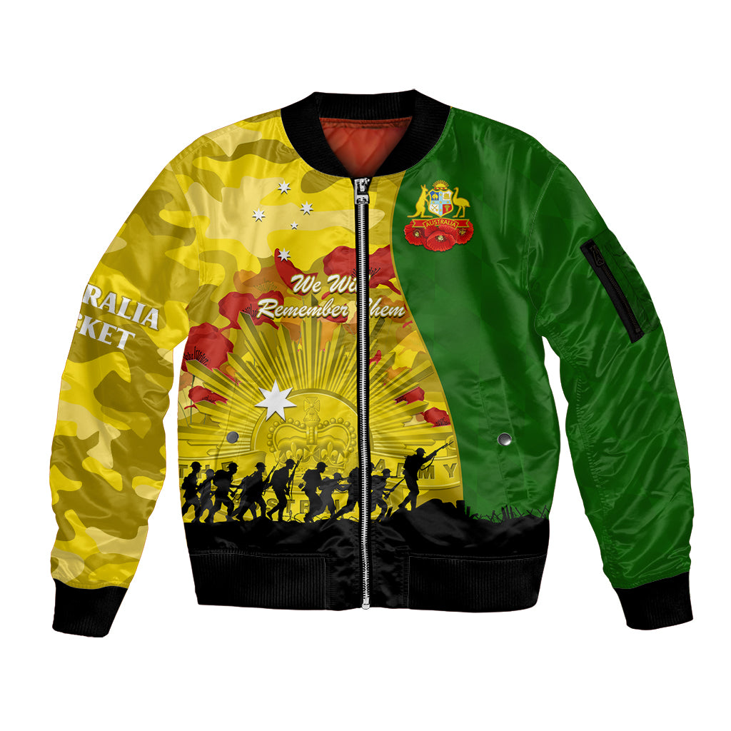 Australia Cricket ANZAC Day 2024 Sleeve Zip Bomber Jacket Australian Army Camouflage With Poppies
