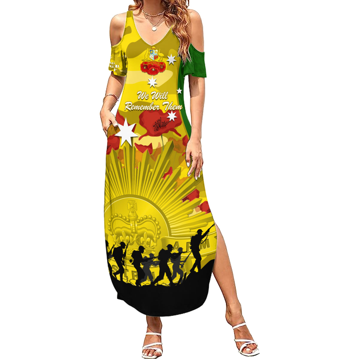 Australia Cricket ANZAC Day 2024 Summer Maxi Dress Australian Army Camouflage With Poppies